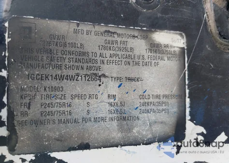 1998 Chevrolet K1500 Fleetside W/T from USA, damaged, VIN 1GCEK14W4WZ112664